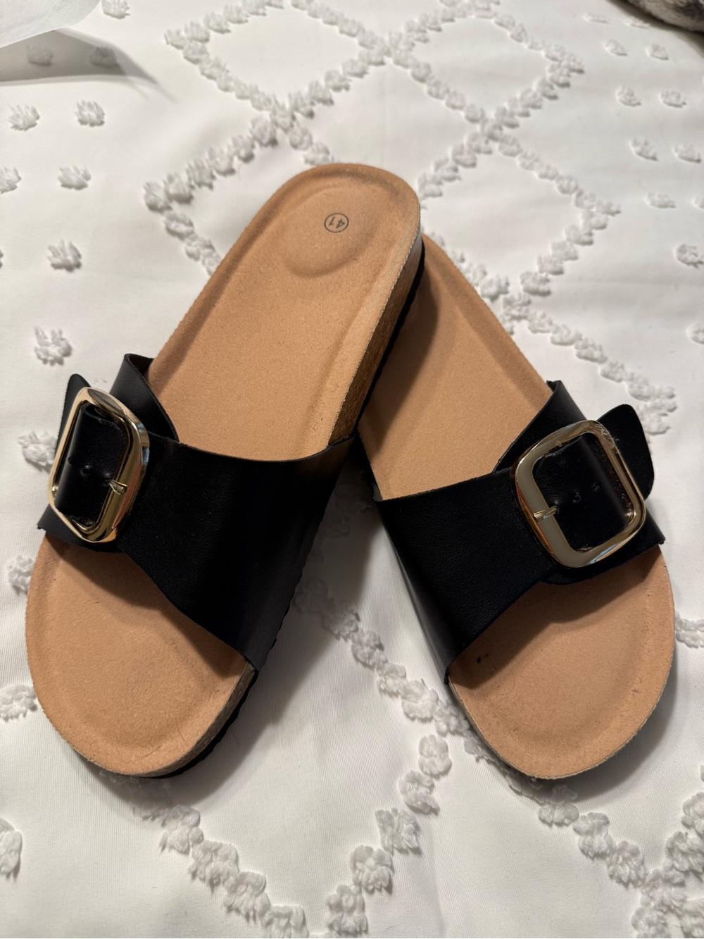 SHEIN Black Slide Sandals with Gold Buckle Accent